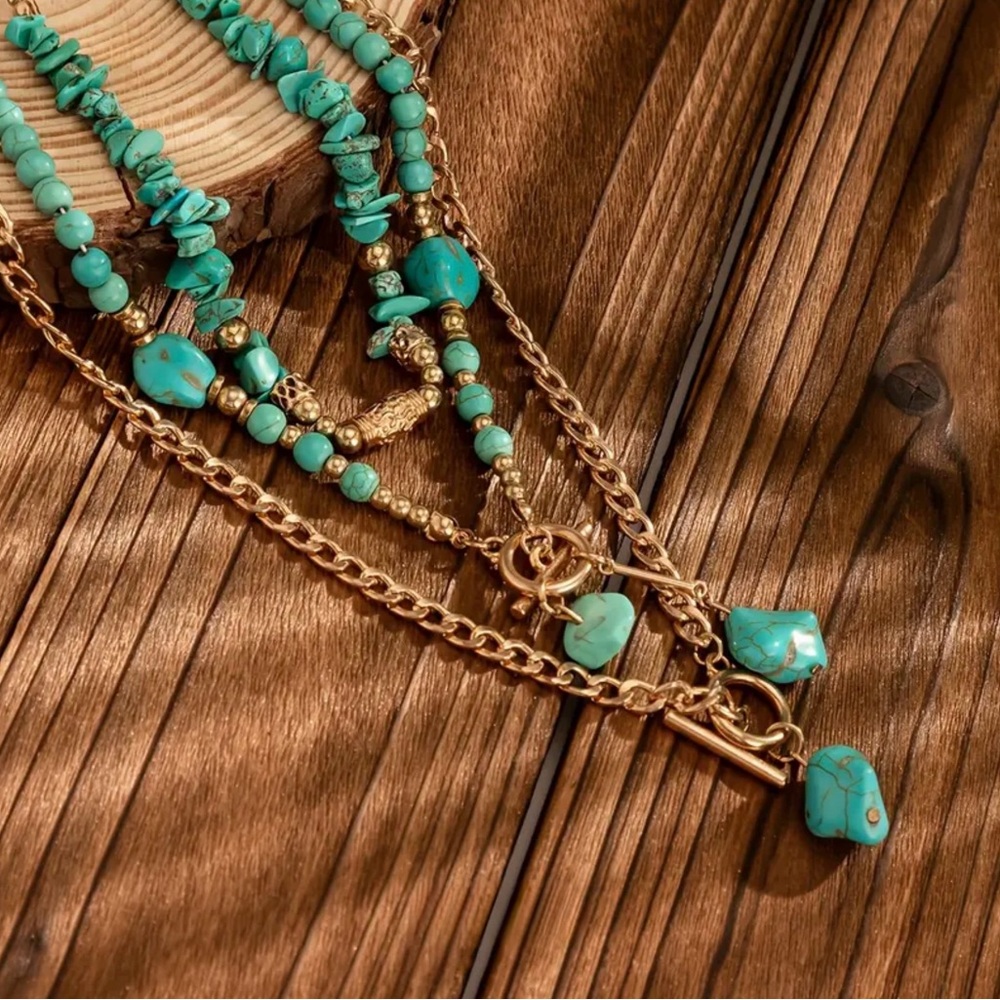 Elegant Turquoise and Gold Layered Necklace - Picture 5 of 7